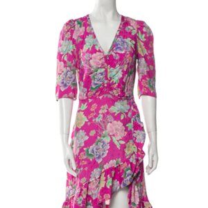 Sandro Hot Pink Ruffled High-Low Floral Cocktail Dress